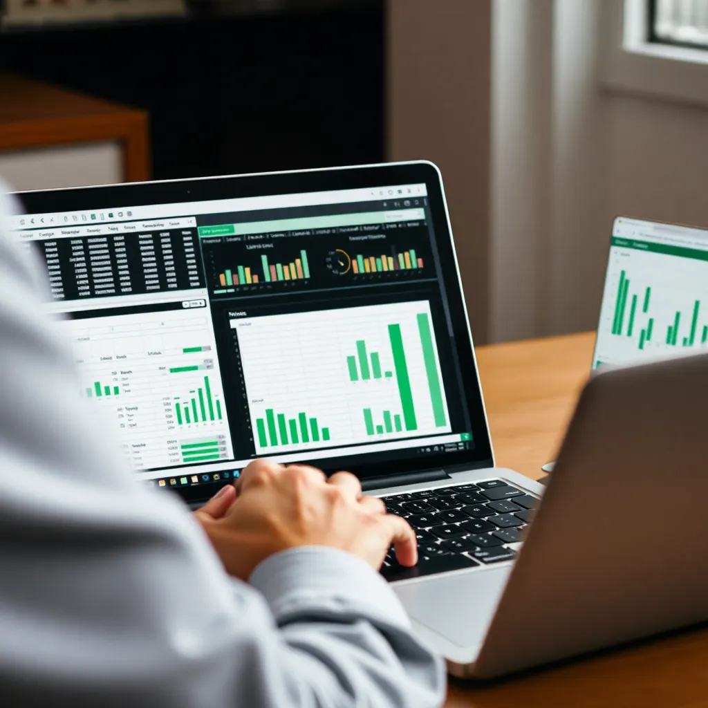Een persoon die Excel gebruikt op een laptop met datavisualisaties